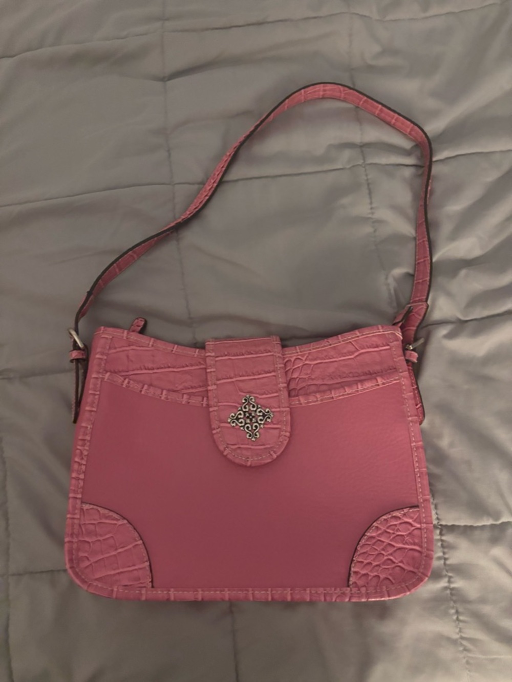 Croc-Trim Pink Shoulder Bag with Decorative Clasp